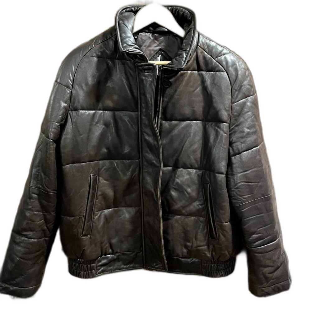 Brown Leather Quilted Bomber Jacket Full Zip Vintage Tiboa Leathers women's XL